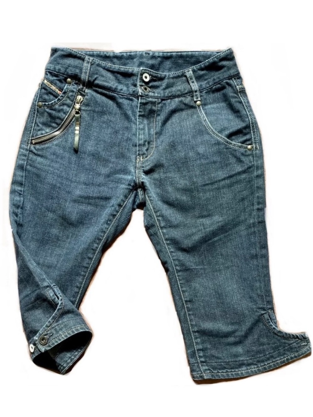 Vtg Diesel Knee Length Jeans Shorts, High Waist, Zippier Detail, Dark Blue, 25